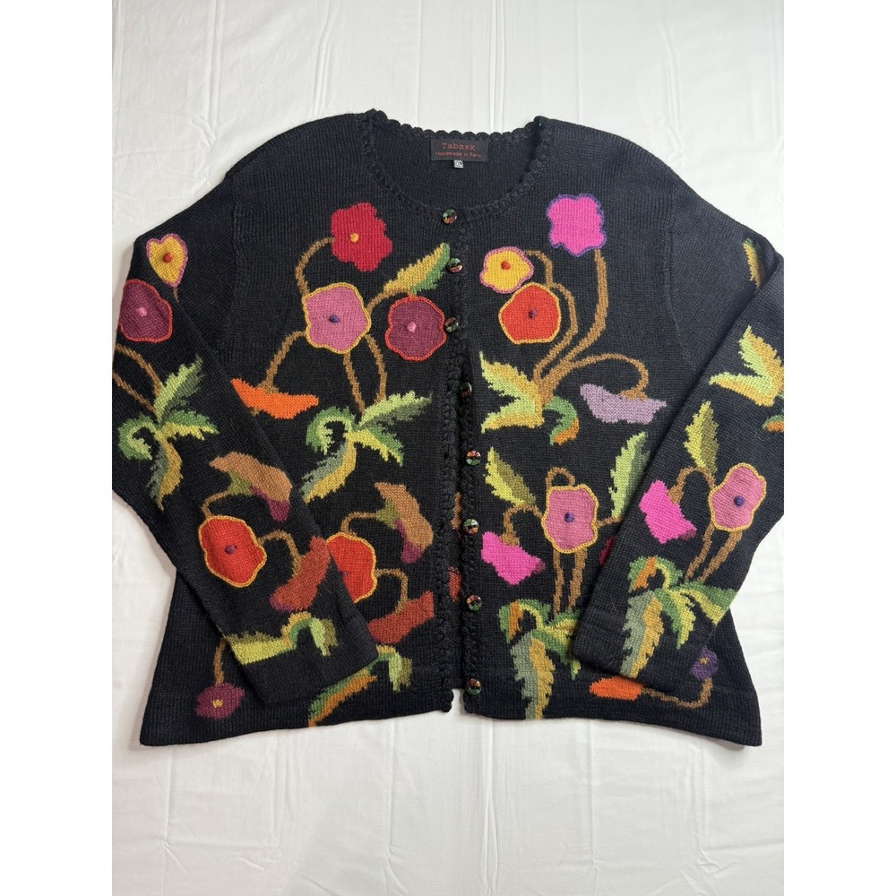 Tabask Handmade In Peru Cardigan Sweater XL Wool Alpaca Blend Artsy Floral Trees